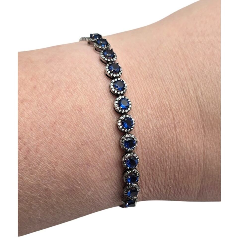Blue Rhinestone Tennis Bracelet Adjustable Sapphire Glass Glam Minimalist
